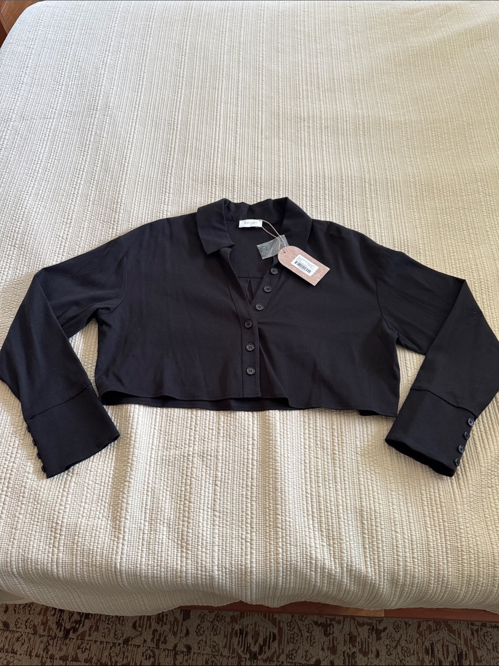 Meshki Black Cropped Button-Up Long Sleeve Top